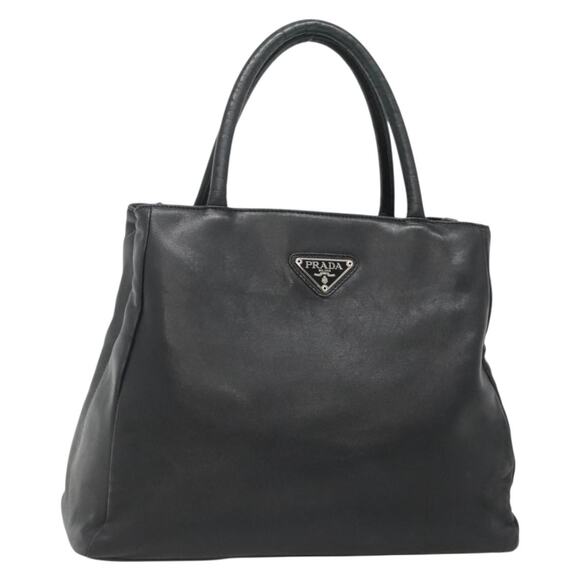 PRADA Hand Bag Leather Black Silver - Picture 1 of 13